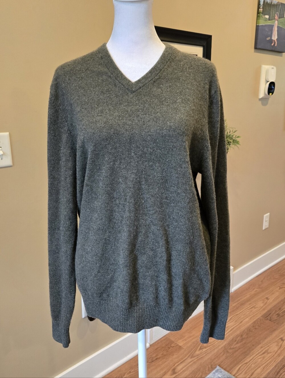 Lands' End Men's V-Neck Sweater in Olive Green